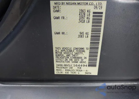 2020 Nissan Altima S Fwd z USA, uszkodzony, nr VIN 1N4BL4BV1LC164494